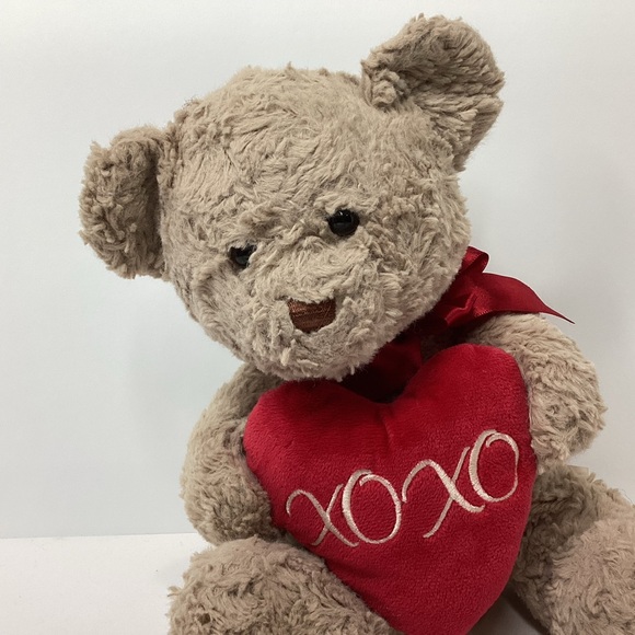 HugFun Teddy Bear Holds Red Heart XOXO Stitching Plush Stuffed 12" Red Bow Love - Picture 2 of 9